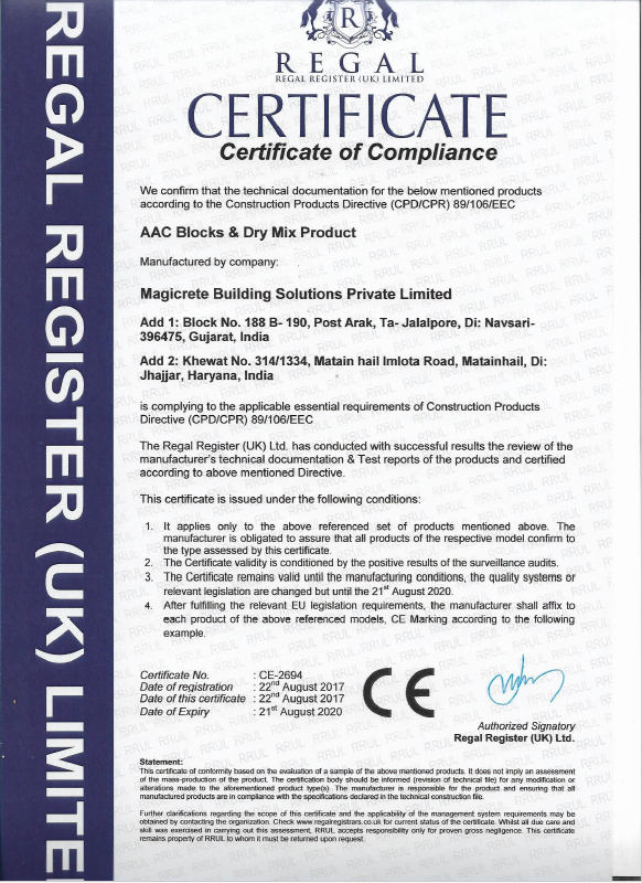 AAC Block certificate of compliance AAC Block certificate of compliance