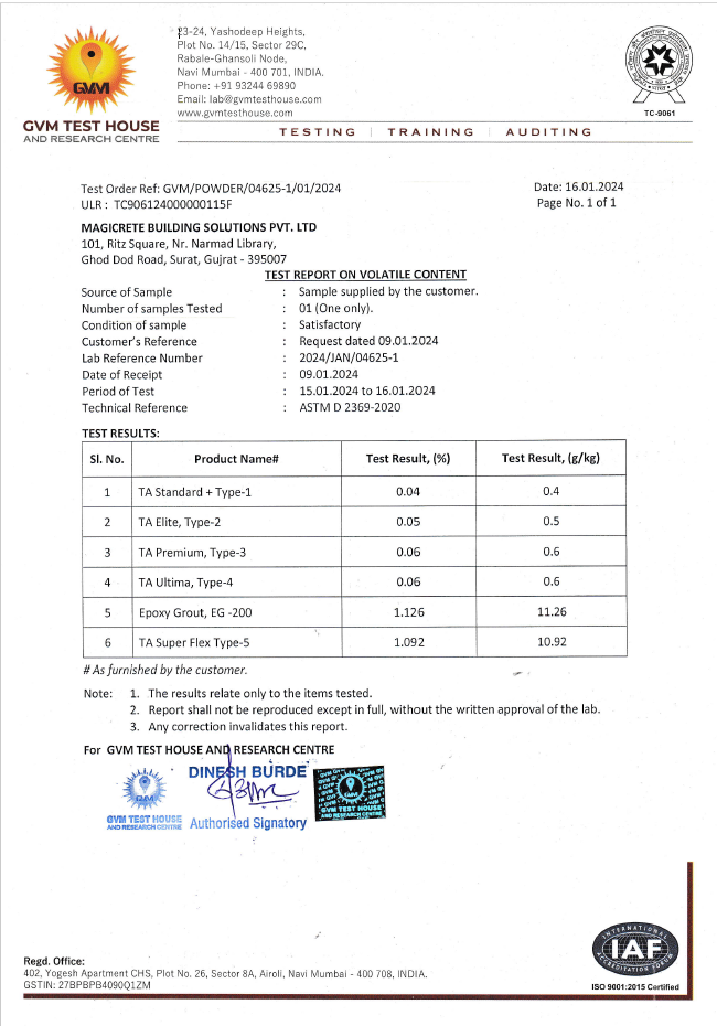 Tile Adhesive report on volatile content Tile Adhesive report on volatile content